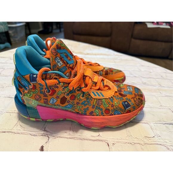 Adidas Men's Size 6 SM Dame 7 Basketball Shoes Orange Maximalist Doodle Print - Picture 8 of 16